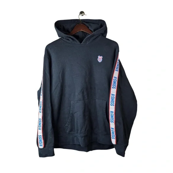 K-Swiss Logo Tape Hoodie Sweatshirt - Men's XL - Black Streetwear Pullover - Picture 2 of 5